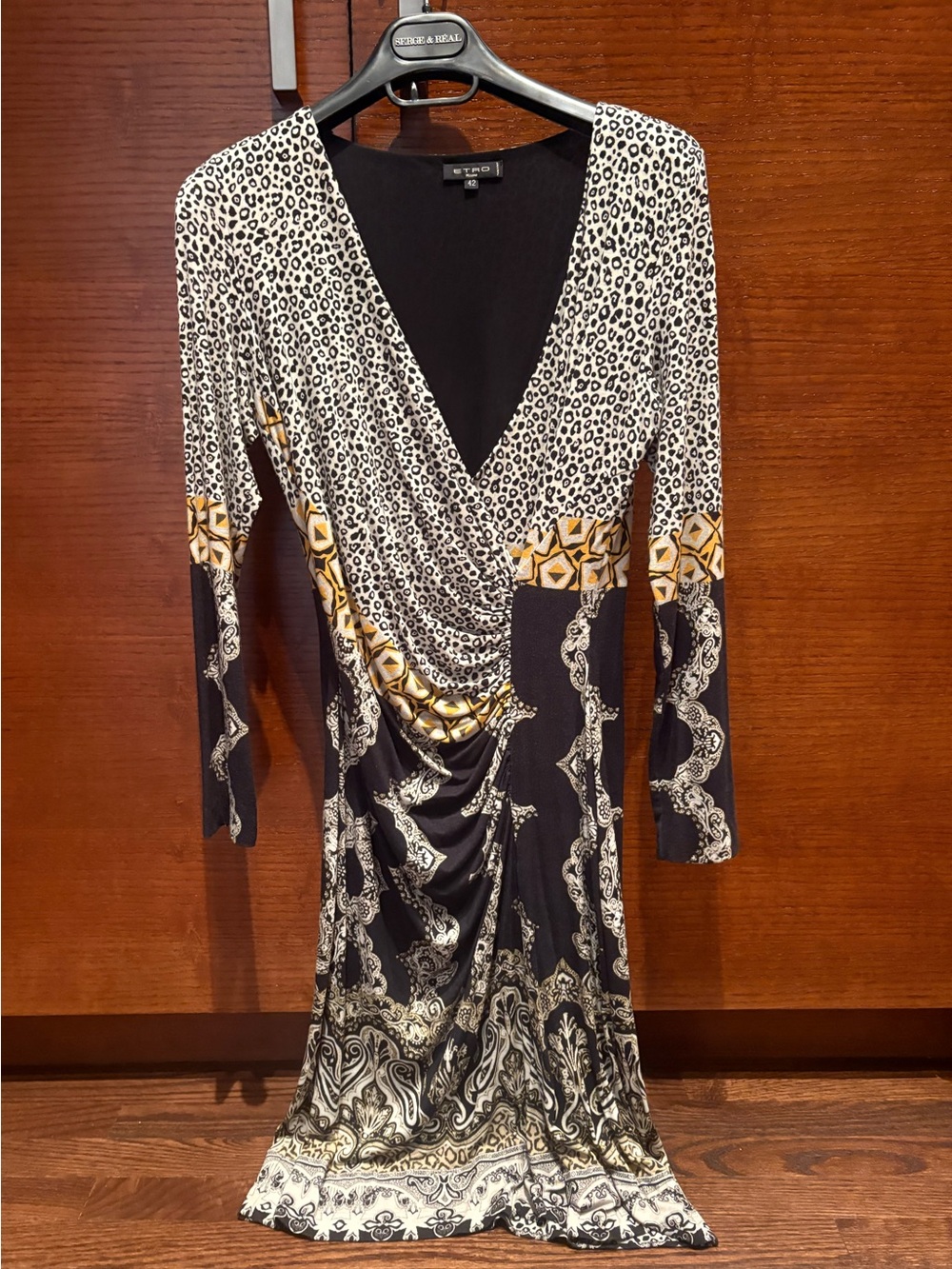 ETRO Milano 42 Black & Ivory Animal Print Wrap-Style Dress with Gold Detail